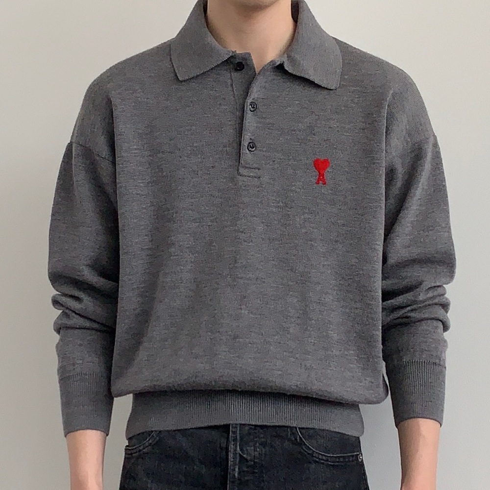 SOLD ❌Ami Paris men’s grey polo sweater with Ami de Coeur detail, size S
